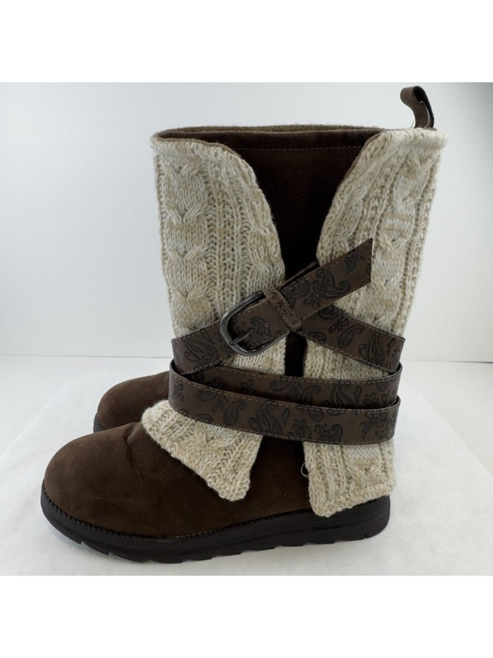 MUK LUKS Nikita Mid Calf Boots Womens Sz 6 Brown Knit Cuff Belt Convertible NWOB